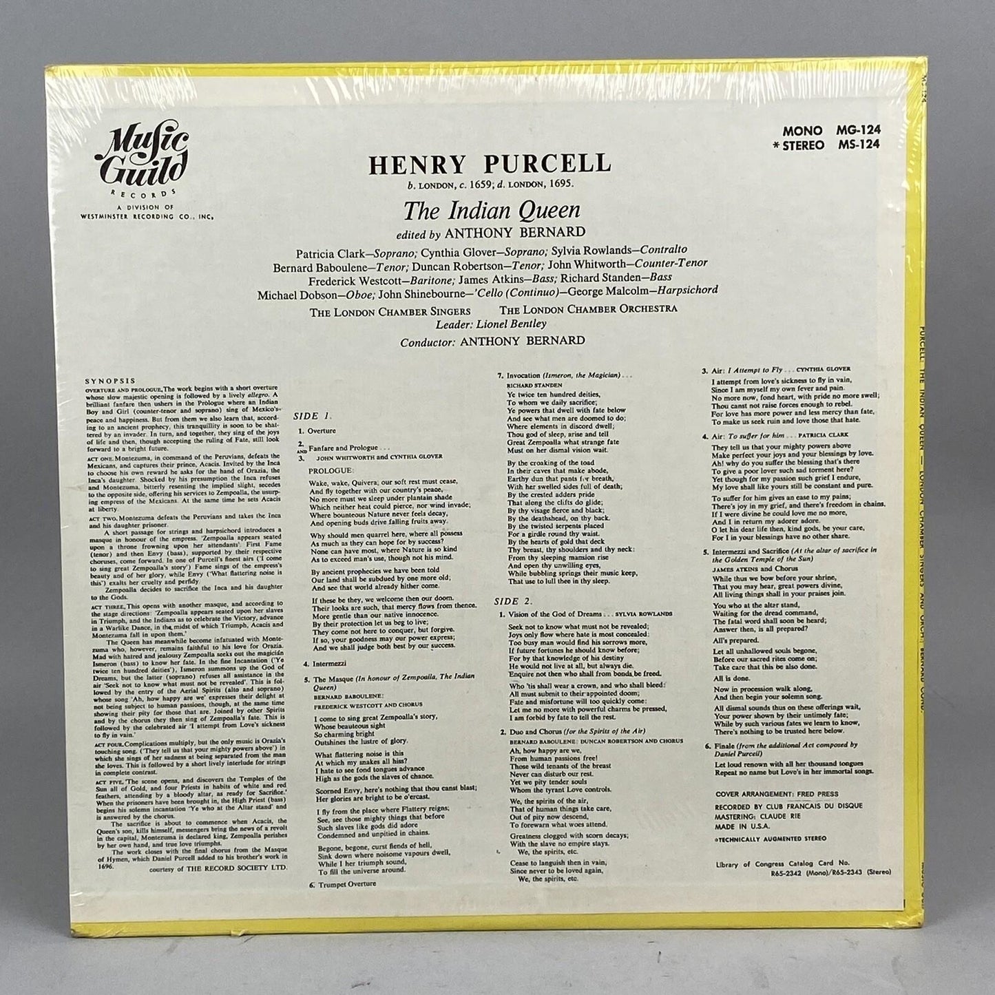 Henry Purcell The Indian Queen LP London Chamber Orchestra Music Guild Record