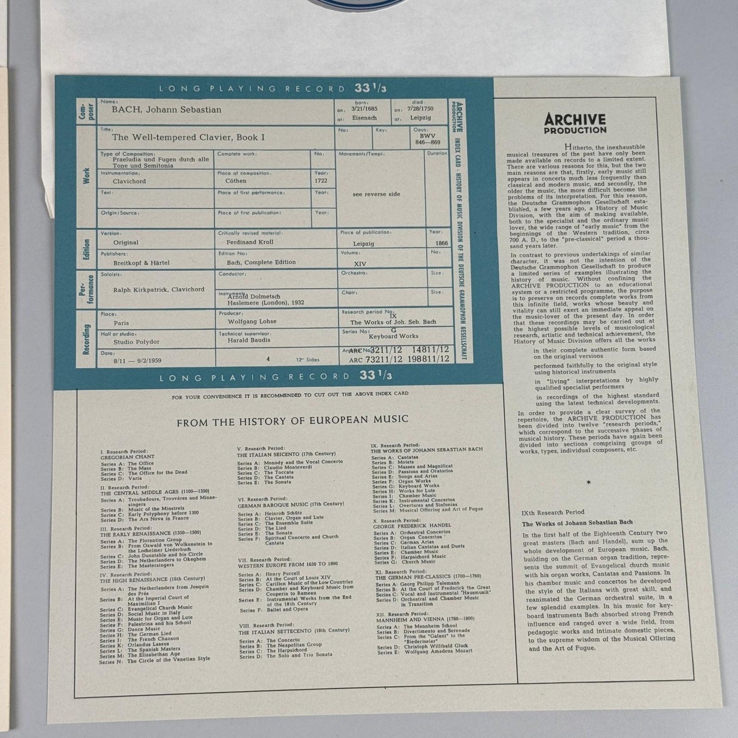 J. S. Bach Das Wohltemperierte Clavier R. Kirkpatrick 2x Vinyl Record  NEAR MINT