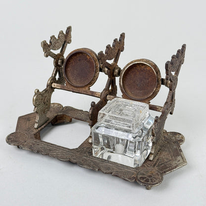 Antique Patented Double Inkwell Holder with Glass Reservoir Desk Accessory