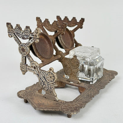 Antique Patented Double Inkwell Holder with Glass Reservoir Desk Accessory