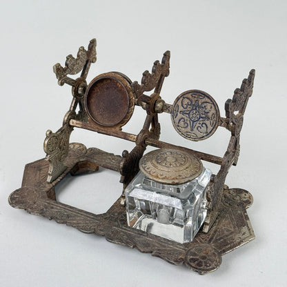 Antique Patented Double Inkwell Holder with Glass Reservoir Desk Accessory