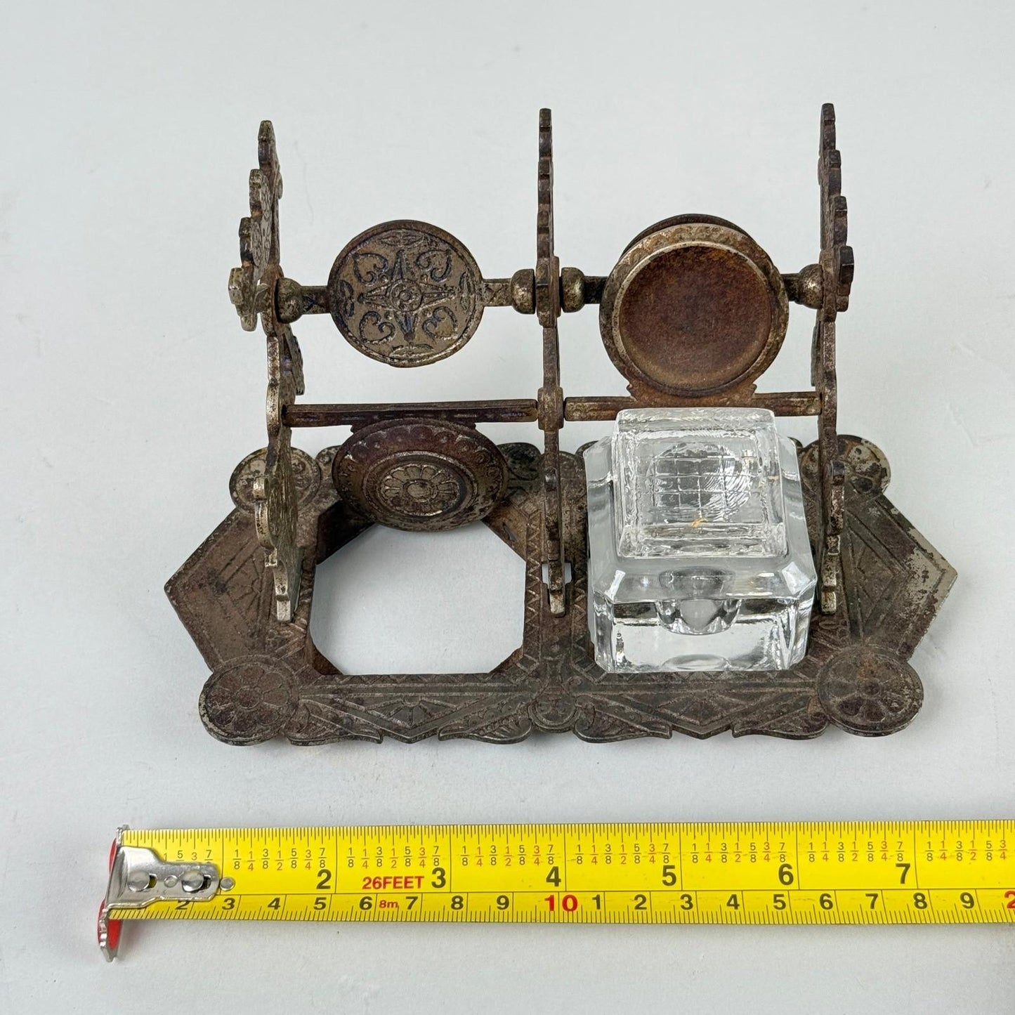 Antique Patented Double Inkwell Holder with Glass Reservoir Desk Accessory
