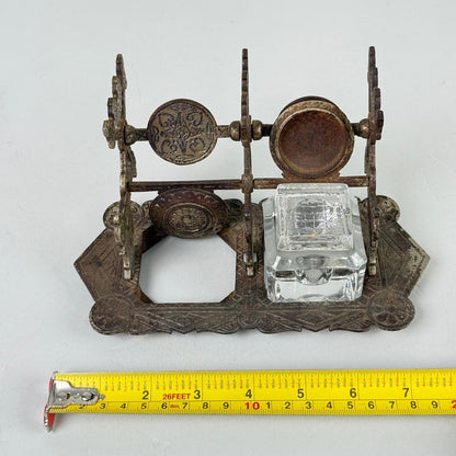 Antique Patented Double Inkwell Holder with Glass Reservoir Desk Accessory