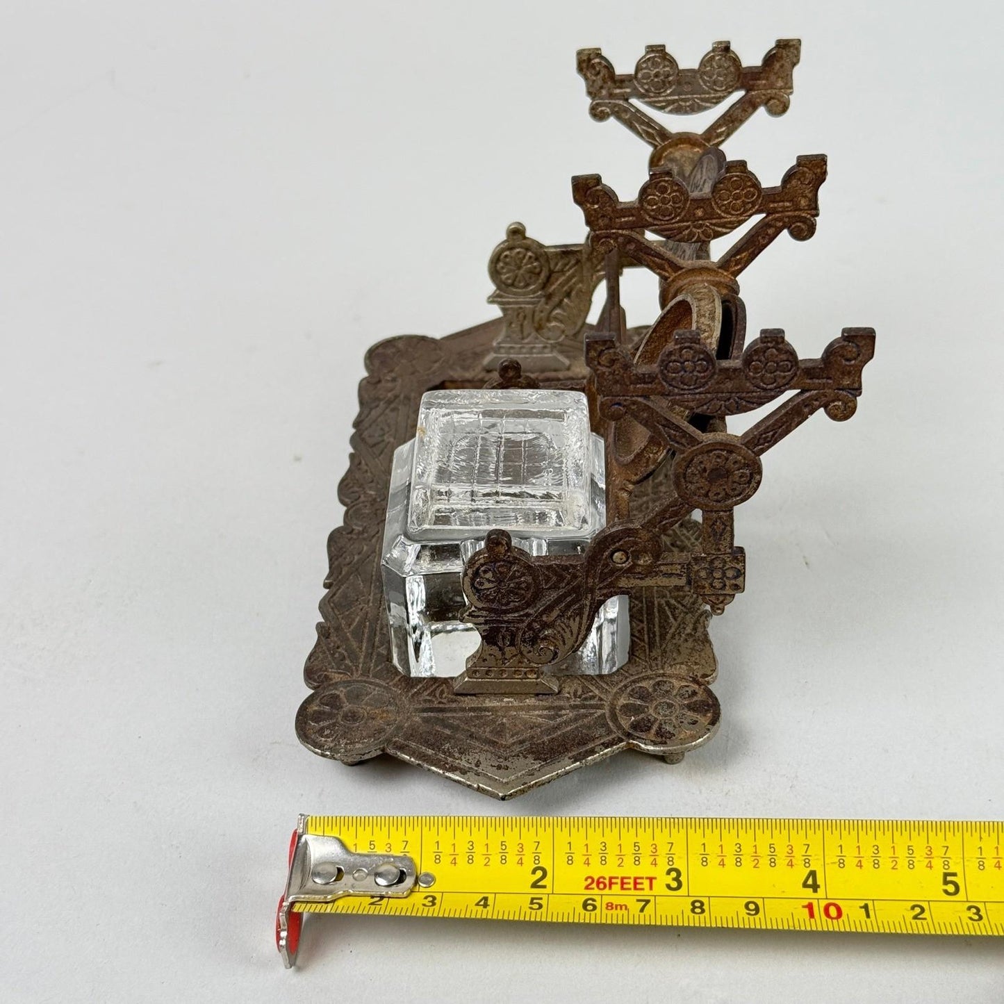 Antique Patented Double Inkwell Holder with Glass Reservoir Desk Accessory