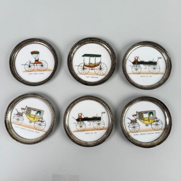 Set of 6 Vintage Carriage Coasters Porcelain Silver Tone Rim Historic Vehicles