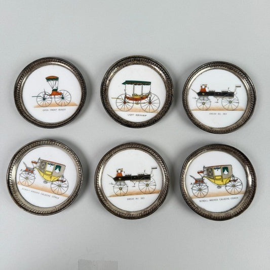 Set of 6 Vintage Carriage Coasters Porcelain Silver Tone Rim Historic Vehicles