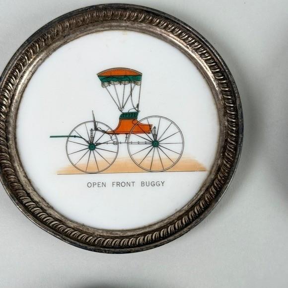 Set of 6 Vintage Carriage Coasters Porcelain Silver Tone Rim Historic Vehicles