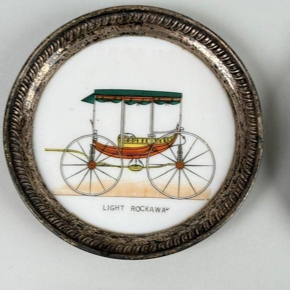 Set of 6 Vintage Carriage Coasters Porcelain Silver Tone Rim Historic Vehicles