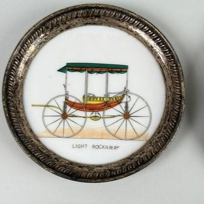 Set of 6 Vintage Carriage Coasters Porcelain Silver Tone Rim Historic Vehicles