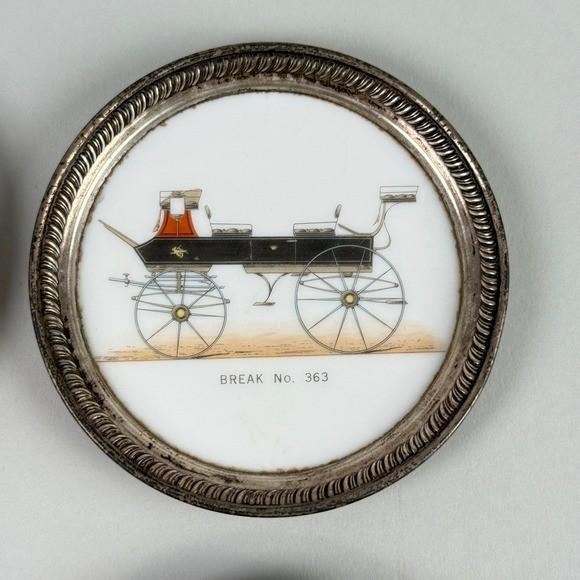 Set of 6 Vintage Carriage Coasters Porcelain Silver Tone Rim Historic Vehicles