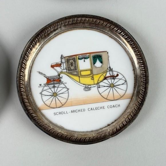 Set of 6 Vintage Carriage Coasters Porcelain Silver Tone Rim Historic Vehicles