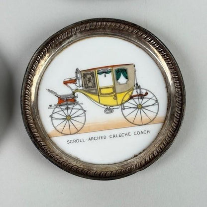 Set of 6 Vintage Carriage Coasters Porcelain Silver Tone Rim Historic Vehicles