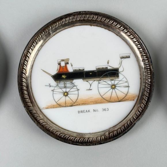 Set of 6 Vintage Carriage Coasters Porcelain Silver Tone Rim Historic Vehicles