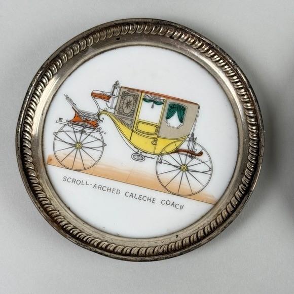 Set of 6 Vintage Carriage Coasters Porcelain Silver Tone Rim Historic Vehicles