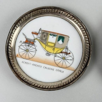Set of 6 Vintage Carriage Coasters Porcelain Silver Tone Rim Historic Vehicles