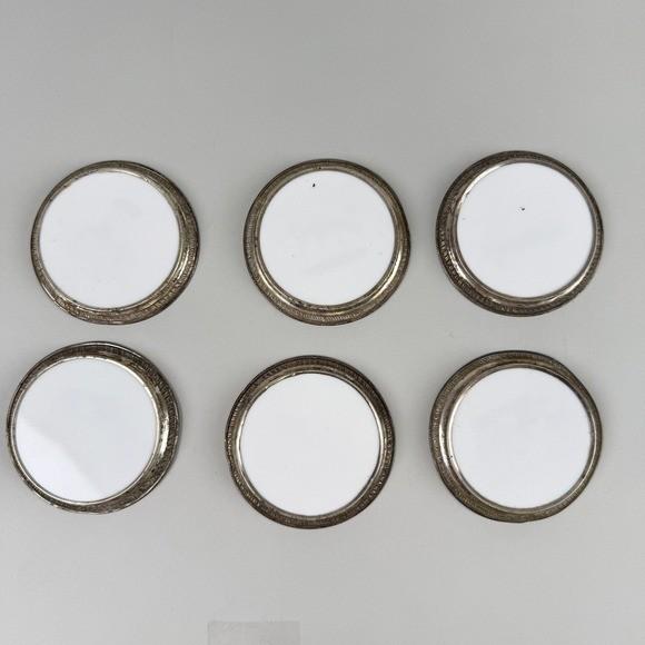 Set of 6 Vintage Carriage Coasters Porcelain Silver Tone Rim Historic Vehicles