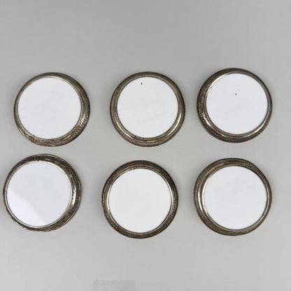 Set of 6 Vintage Carriage Coasters Porcelain Silver Tone Rim Historic Vehicles