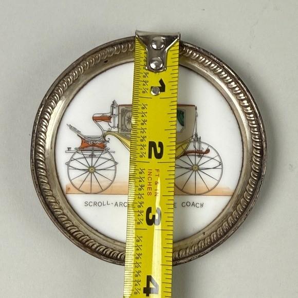 Set of 6 Vintage Carriage Coasters Porcelain Silver Tone Rim Historic Vehicles
