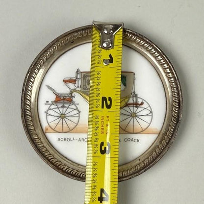 Set of 6 Vintage Carriage Coasters Porcelain Silver Tone Rim Historic Vehicles