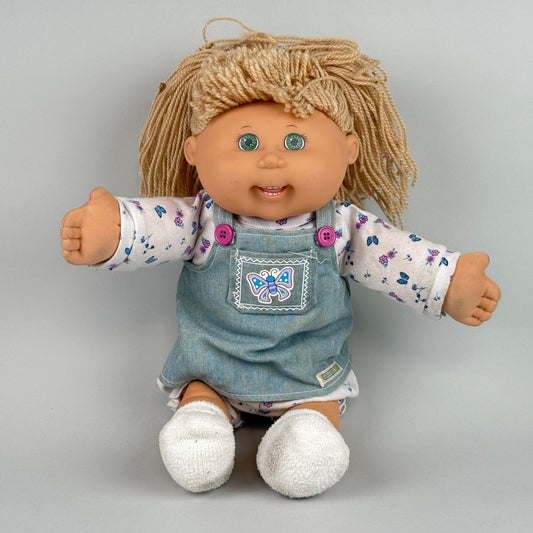 Cabbage Patch 2004 Kids Doll Blonde Hair Green Eyes Denim Overalls Outfit 17"