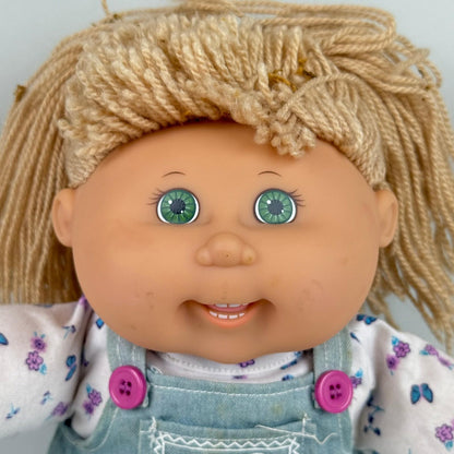 Cabbage Patch 2004 Kids Doll Blonde Hair Green Eyes Denim Overalls Outfit 17"