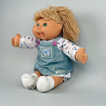 Cabbage Patch 2004 Kids Doll Blonde Hair Green Eyes Denim Overalls Outfit 17"