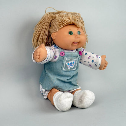 Cabbage Patch 2004 Kids Doll Blonde Hair Green Eyes Denim Overalls Outfit 17"