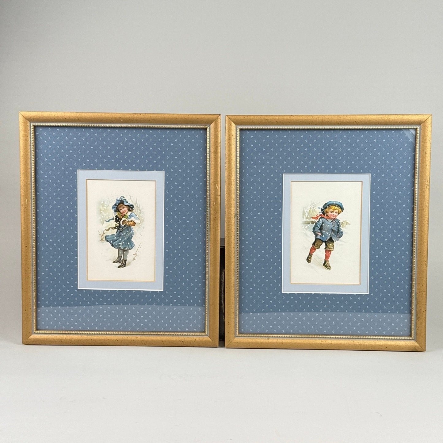 Vintage Framed Pair of Children Winter Skating Prints Gold Frame Blue Mat 12x14"