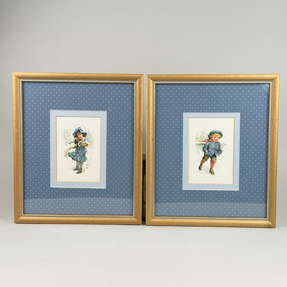 Vintage Framed Pair of Children Winter Skating Prints Gold Frame Blue Mat 12x14"