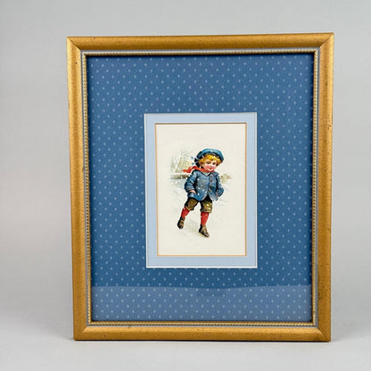 Vintage Framed Pair of Children Winter Skating Prints Gold Frame Blue Mat 12x14"