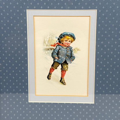 Vintage Framed Pair of Children Winter Skating Prints Gold Frame Blue Mat 12x14"
