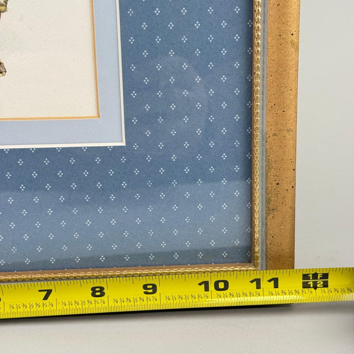 Vintage Framed Pair of Children Winter Skating Prints Gold Frame Blue Mat 12x14"