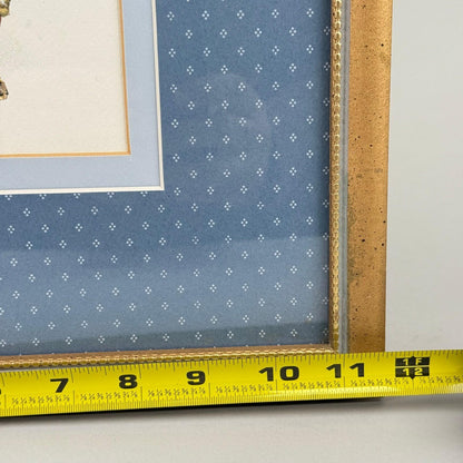 Vintage Framed Pair of Children Winter Skating Prints Gold Frame Blue Mat 12x14"