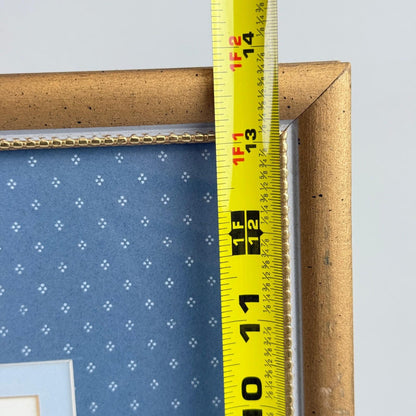 Vintage Framed Pair of Children Winter Skating Prints Gold Frame Blue Mat 12x14"