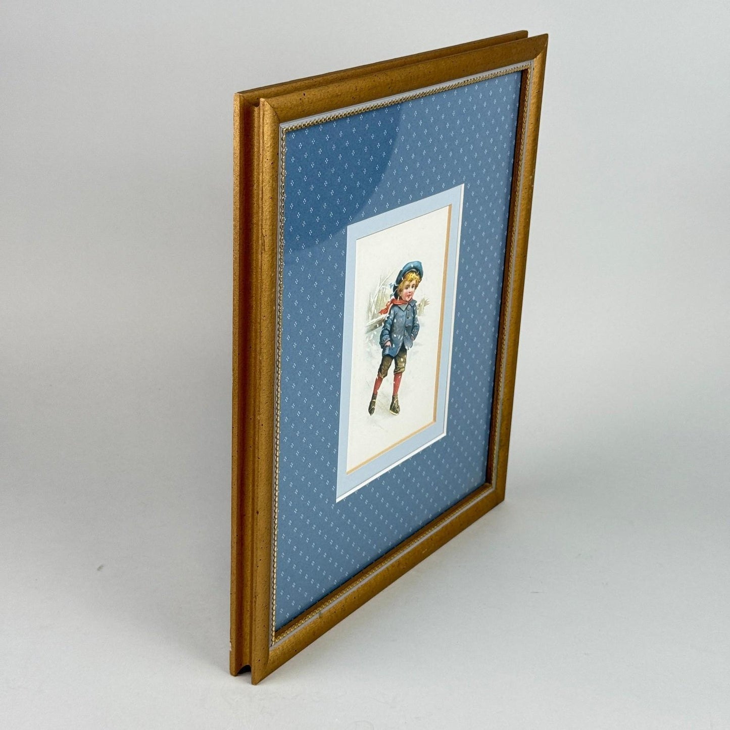 Vintage Framed Pair of Children Winter Skating Prints Gold Frame Blue Mat 12x14"