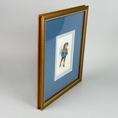 Vintage Framed Pair of Children Winter Skating Prints Gold Frame Blue Mat 12x14"