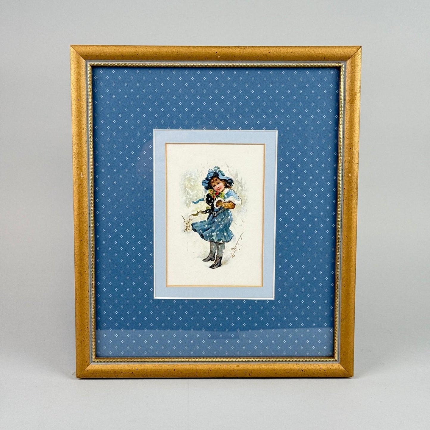 Vintage Framed Pair of Children Winter Skating Prints Gold Frame Blue Mat 12x14"