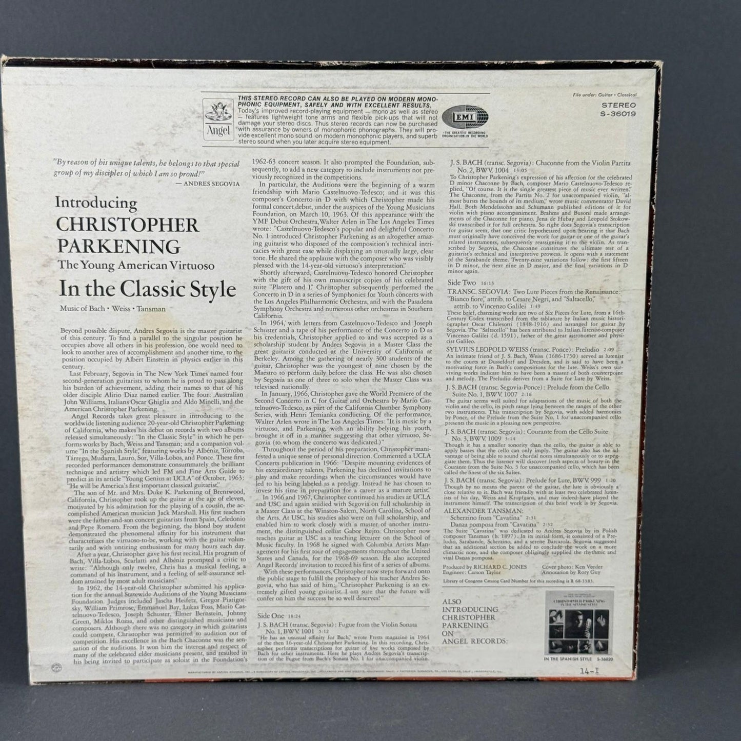 Angel Christopher Parkening Vinyl Record Lot 12" Classical Guitar Bach EXCELLENT