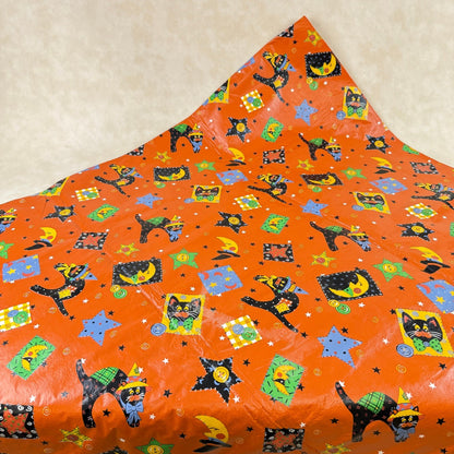 Halloween Vinyl/Flannel Backed Tablecloth Orange Black Cat Moon Stars  86"x 51"
