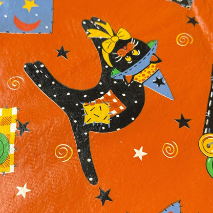 Halloween Vinyl/Flannel Backed Tablecloth Orange Black Cat Moon Stars  86"x 51"