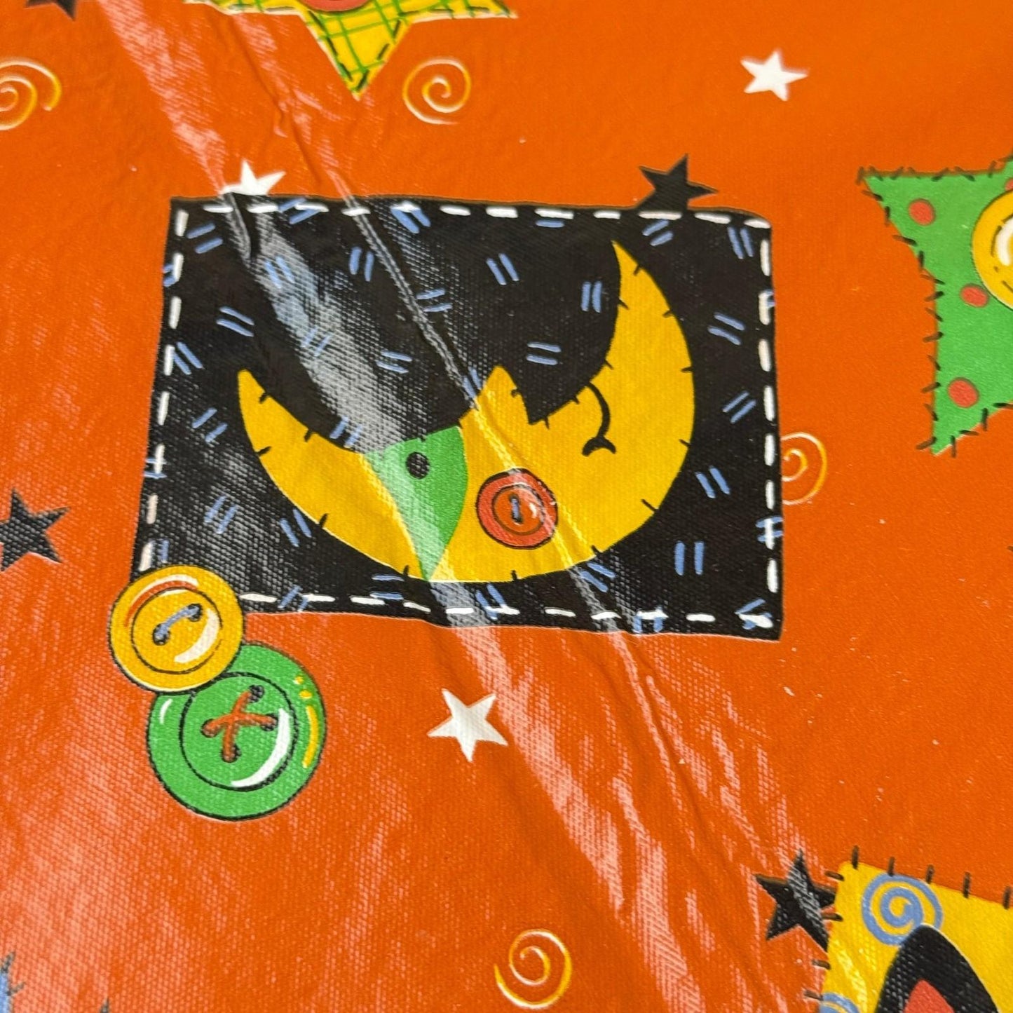 Halloween Vinyl/Flannel Backed Tablecloth Orange Black Cat Moon Stars  86"x 51"