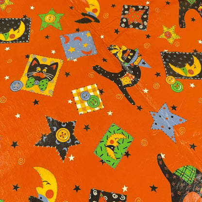 Halloween Vinyl/Flannel Backed Tablecloth Orange Black Cat Moon Stars  86"x 51"