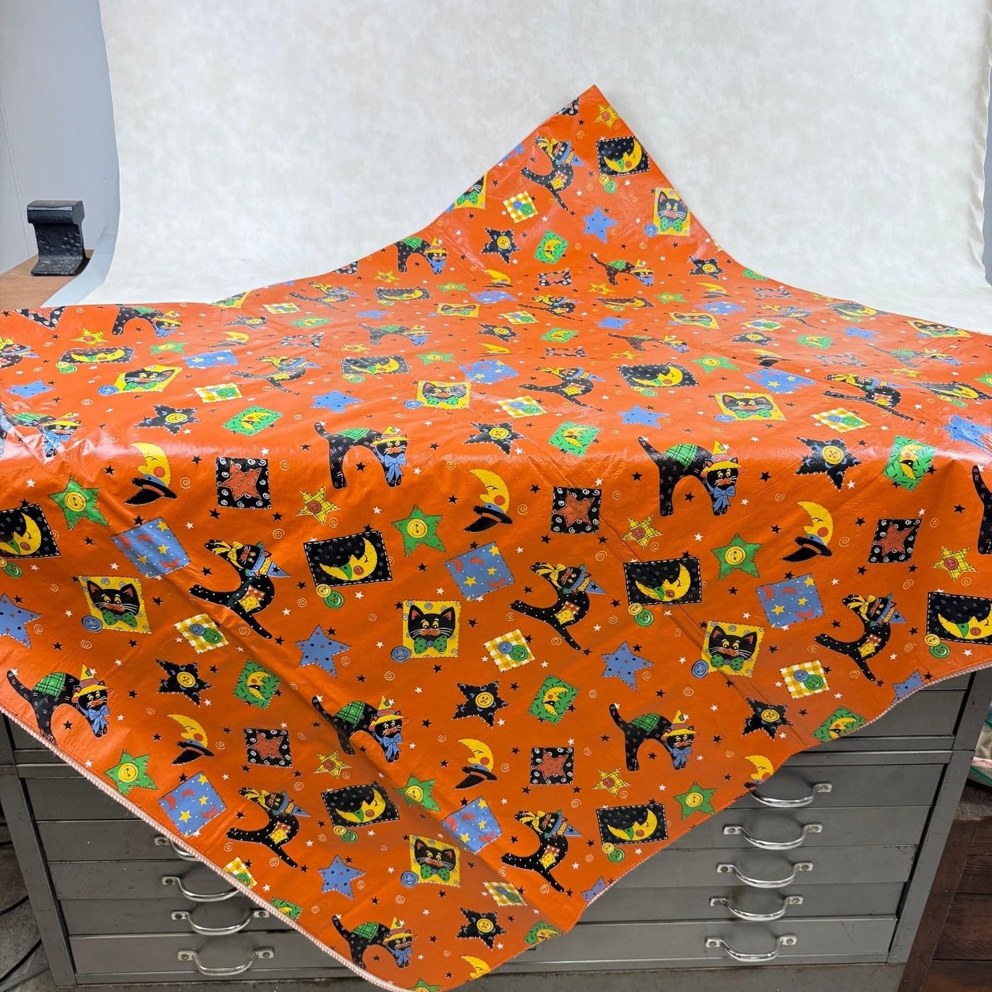 Halloween Vinyl/Flannel Backed Tablecloth Orange Black Cat Moon Stars  86"x 51"
