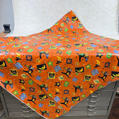 Halloween Vinyl/Flannel Backed Tablecloth Orange Black Cat Moon Stars  86"x 51"