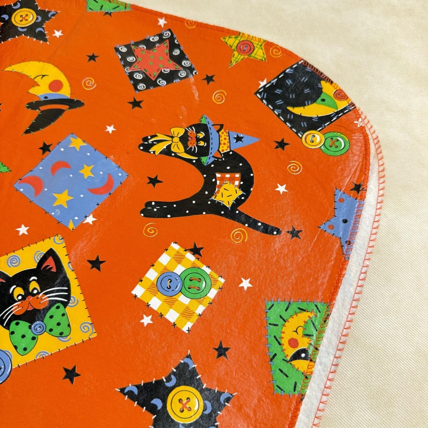 Halloween Vinyl/Flannel Backed Tablecloth Orange Black Cat Moon Stars  86"x 51"