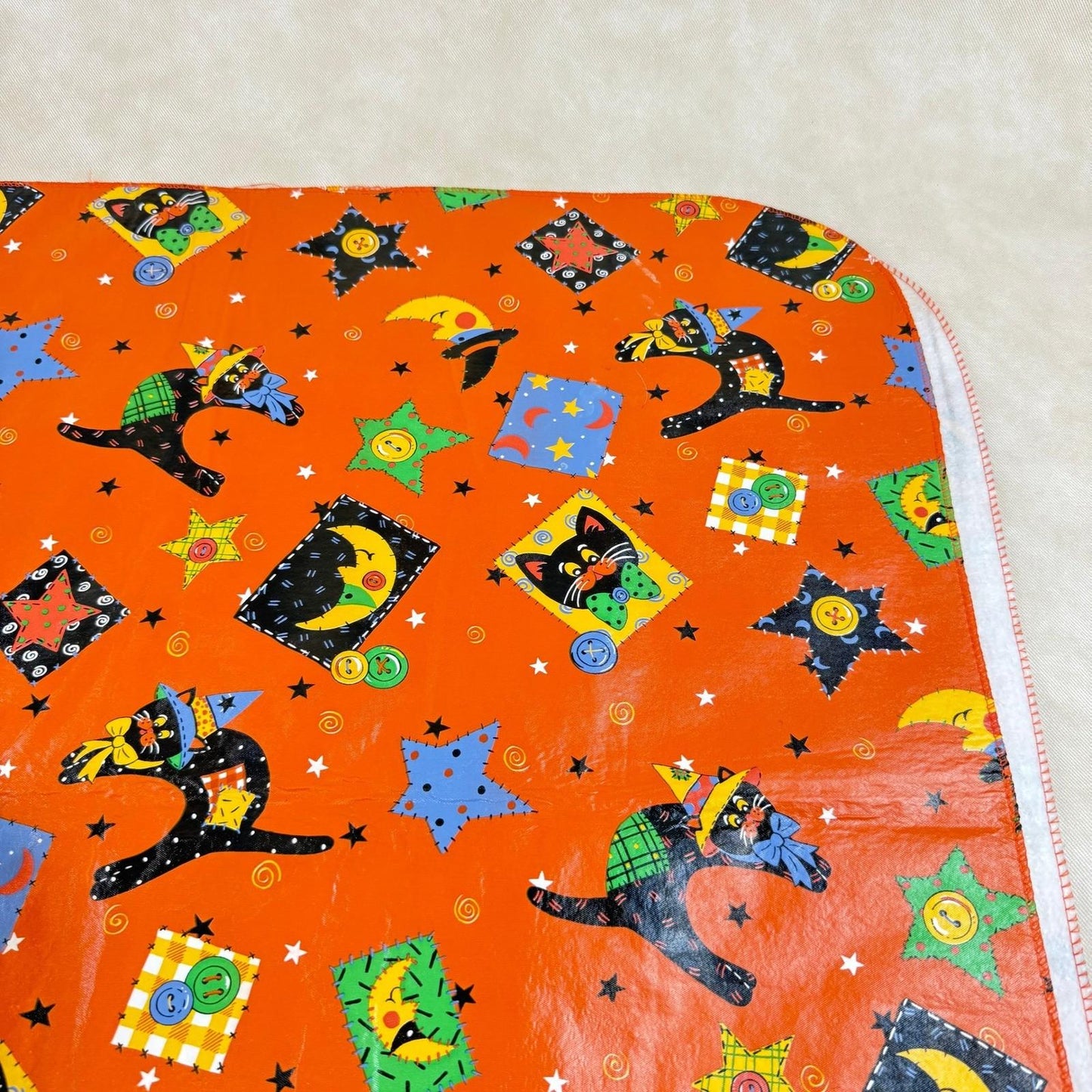 Halloween Vinyl/Flannel Backed Tablecloth Orange Black Cat Moon Stars  86"x 51"