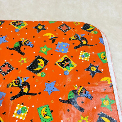 Halloween Vinyl/Flannel Backed Tablecloth Orange Black Cat Moon Stars  86"x 51"