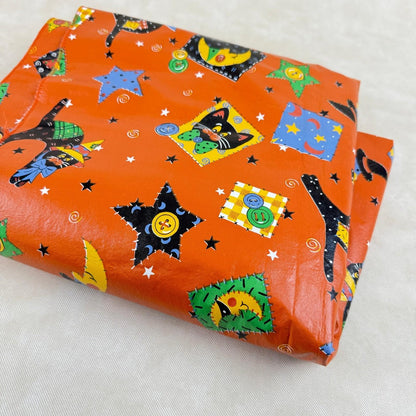 Halloween Vinyl/Flannel Backed Tablecloth Orange Black Cat Moon Stars  86"x 51"