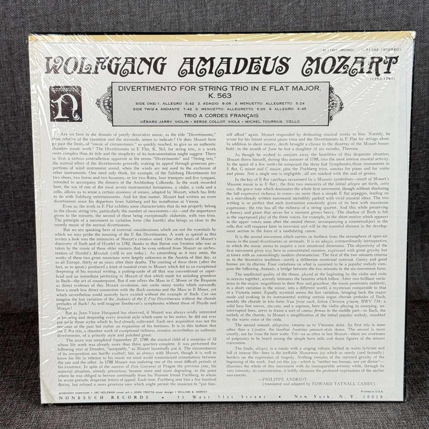 Wolfgang Amadeus Mozart Vinyl Record Nonesuch Stereo Divertimento String Trio