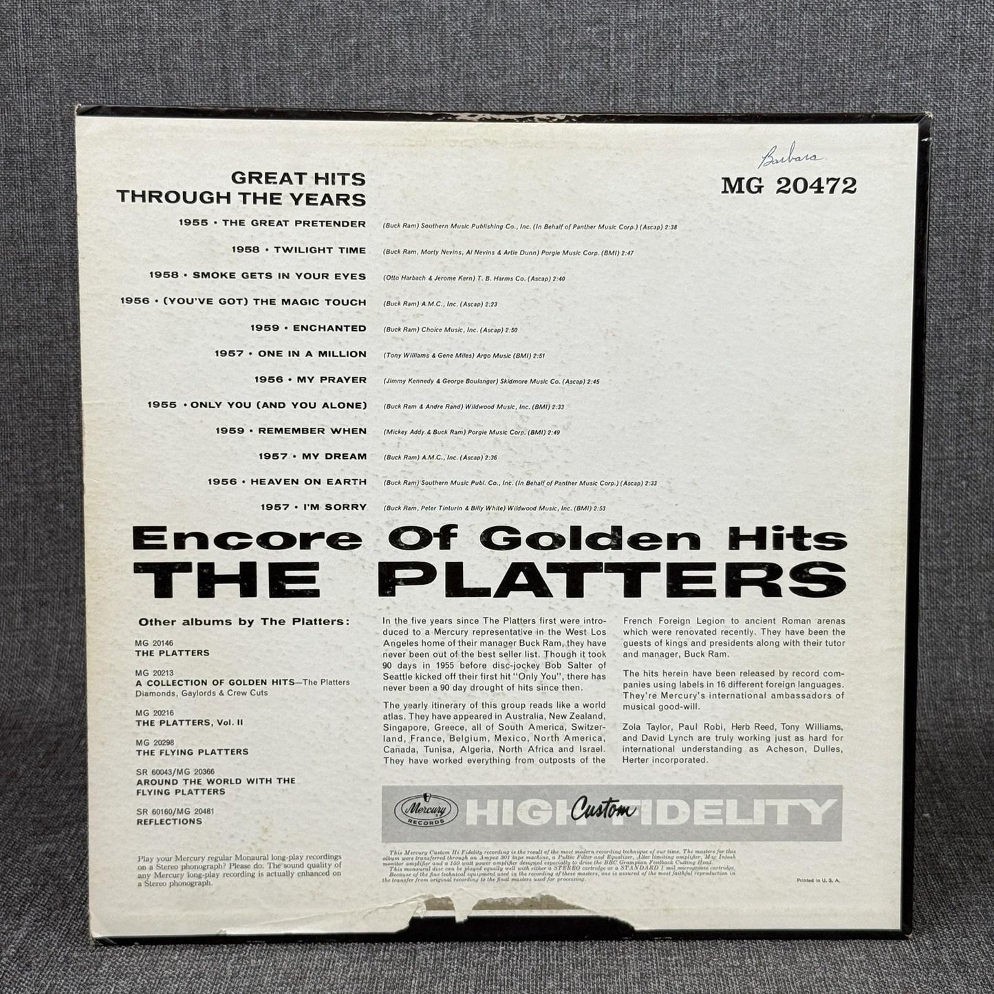 THE PLATTERS -  Encore of Golden Hits - Vinyl LP- RECORD -EXCELLENT